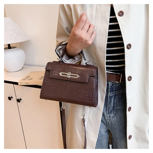 Detailed close-up of dark brown crocodile texture leather bag with silver metal lock