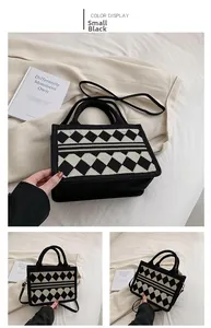 Detail of small canvas tote bag with black and white geometric pattern and shoulder strap