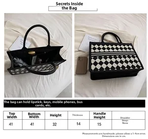 Detailed size chart for the large black and white check tote bag with dimensions
