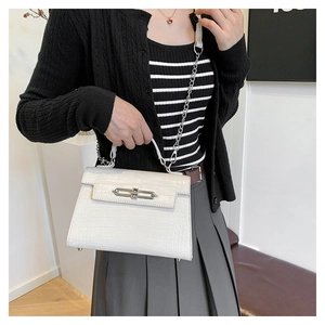 Macro detail of white crocodile embossed mini handbag with silver twist lock and chain strap