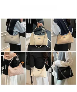 Collage of chic pleated shoulder bags in six colors with metal turn-lock closures