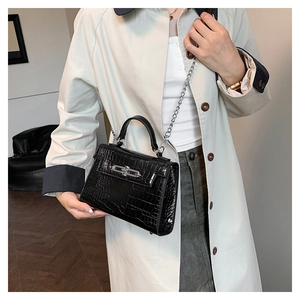 Detail of black crocodile texture handbag with silver lock and metal chain strap