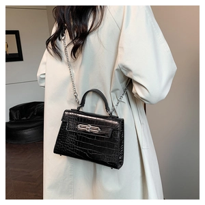 Detail of black crocodile texture handbag with silver chain strap and metal clasp on a coat