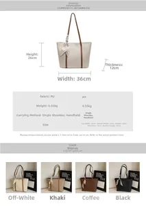 Detailed size chart for the large PU leather tote bag showing exact measurements and colors
