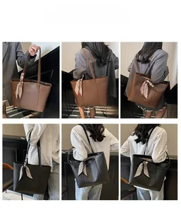Collage of model wearing large tote bag with silk scarf detail in various angles