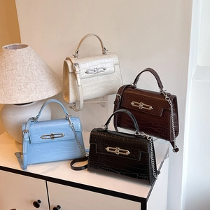 Chic croc-embossed small square handbag in four colors with chain strap and top handle