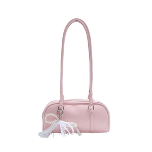 Pink Boston shoulder bag with lace bow and pearl charm for casual women's fashion