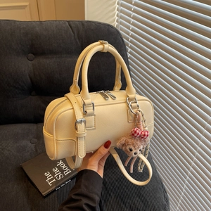 Women Boston Bag PU Leather Lychee Grain Pillow Handbag Crossbody Shoulder Bag Double Zipper Minimalist Korean Style