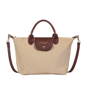 Beige nylon tote bag with brown lizard-patterned leather trim and detachable shoulder strap