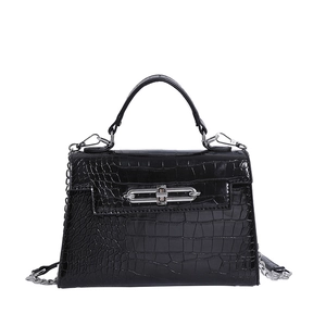 Fashionable black crocodile pattern Kelly style handbag with silver chain and metal lock
