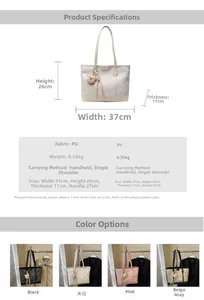 Detailed size chart and specifications for large PU leather tote bag with bear charm