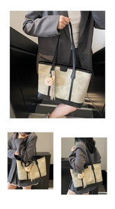 Detailed views of a gray canvas tote bag with black leather trim and a cute teddy bear charm