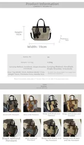 Detailed size specifications and material chart for the PU leather bucket handbag