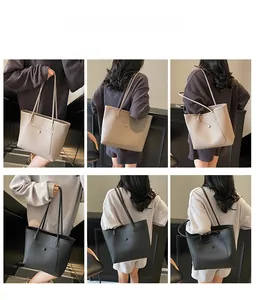 Six-view grid showing the large tote bag styled by a model on stairs in various angles