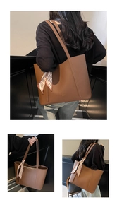 Detailed views of a brown large capacity tote bag with decorative scarf for commuting