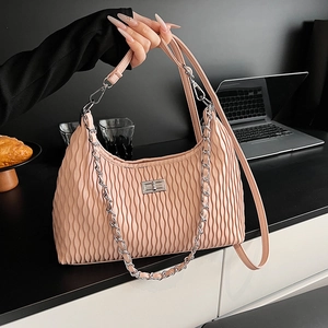 Women Shoulder Bag Vertical Pleated PU Leather Silver Chain Elegant Swivel Lock Crossbody Underarm Handbag Versatile Trendy