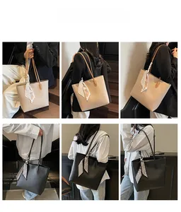Fashionable beige and black tote bags with silk scarf detail shown in multiple perspectives