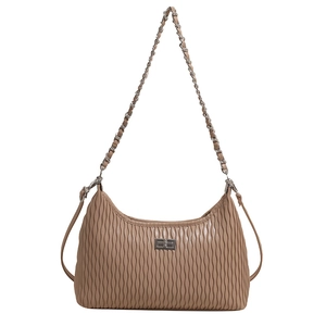 Beige pleated crossbody bag with stylish silver chain strap and metal clasp on white background