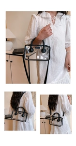 Detail der transparenten PVC-Gelée-Tasche mit schwarzem PU-Besatz und Schultergurt