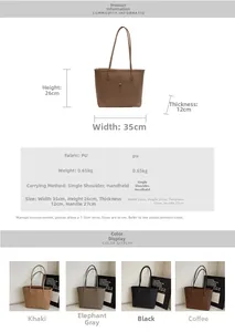 Size chart and color options for the large PU leather tote bag with measurements