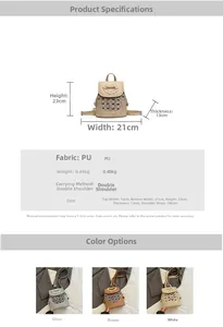 Size chart showing 23x21x13cm dimensions and technical specs for bow PU leather backpack