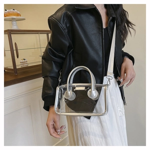 Detail der silbernen Metallkanten und des abnehmbaren Riemens der transparenten PVC-Tasche