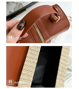 Détails du sac en paille et cuir marron avec fermeture éclair dorée et doublure noire