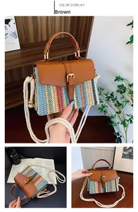 Dettaglio borsa tessuta bohémien colorata con finiture in similpelle marrone e fibbie