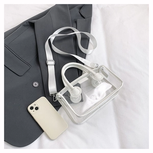 Detail der transparenten PVC-Tasche mit weißem Lederbesatz und gewebtem Schultergurt