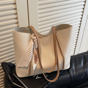Minimalist cream white large capacity tote bag with brown straps and floral silk scarf
