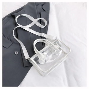 Detailansicht der transparenten PVC-Strandtasche mit weißem Lederbesatz und Stoffband