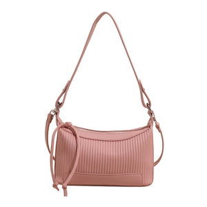 Retro light pink pleated shoulder bag with adjustable strap and silver zipper closure