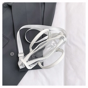 Detailansicht einer transparenten PVC-Tasche mit weißem Lederbesatz und breitem Gurt
