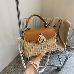 Women Straw PU Leather Stitching Crossbody Bag Retro Square Box Handbag Cotton Rope Strap Summer Beach Vacation Lock