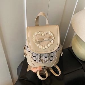 Mini Zaino Donna Pelle PU Tessuto A Quadri Cuore Di Pizzo Fiocco Decorazione Catena Di Metallo Zainetto Alla Moda Dolce Carino