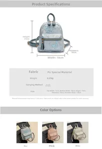 Size chart for butterfly mini backpack showing PU fabric specs and 19x18x10cm dimensions