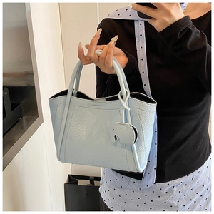 Detail of light blue lychee pattern tote bag featuring a cute elephant charm