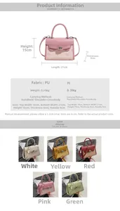 Detailed size specifications and five color variants of the embossed PU crossbody bag