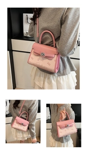 Detail of pink cartoon crossbody bag with bear prints and elegant silver turn-lock closure