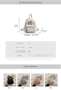 Vue détaillée mini sac à dos en PU avec nœud métallique et dimensions du produit