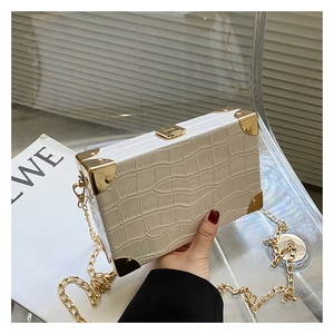 Macro shot of white croc-embossed box bag with gold metal corners and chain strap
