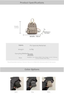 Detailed size chart and specifications for the bow-patterned quilted mini backpack