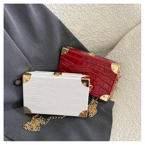 Close-up of crocodile pattern box bags with gold metal corners and chain strap