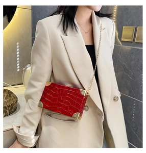 Close-up of red crocodile pattern box bag with vintage gold metal corner protectors