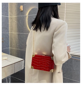 Close-up of red crocodile pattern box bag with gold metal corners and chain strap