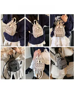 Detailed views of mini backpacks with bow patterns shown from multiple angles on a model