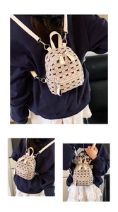 Mini beige backpack with black bow print and diamond quilting on a casual model outfit