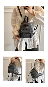 Detailed view of mini grey polka dot backpack with metallic bow and adjustable straps