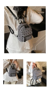 Detailed views of mini gingham backpack featuring black bows and adjustable leather straps