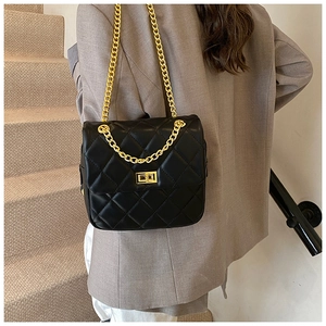 Quilted black chain bag with golden lock shown from the back on a shoulder